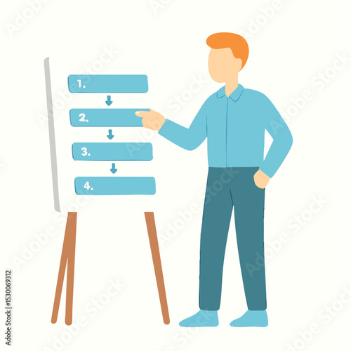 Flat Illustration Man Presenting Flowchart Steps on Whiteboard Explanation