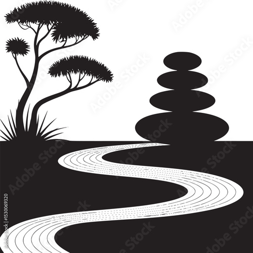 Silhouette of tree rocks and river in black and white minimalist zen garden style illustration