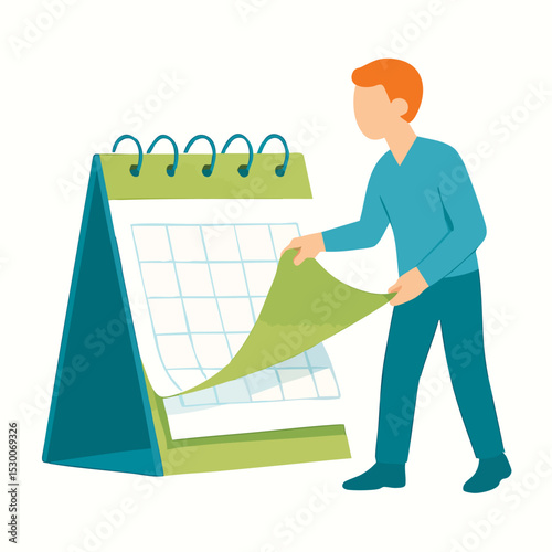 Flat Style Illustration of Man Turning Calendar Page for Schedule and Planning