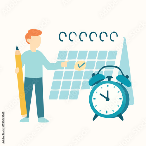 Flat Illustration Man Planning Schedule on Calendar with Clock for Reminder