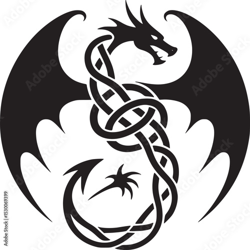 A black and white celtic knot dragon with wings and a curled tail on a white background design