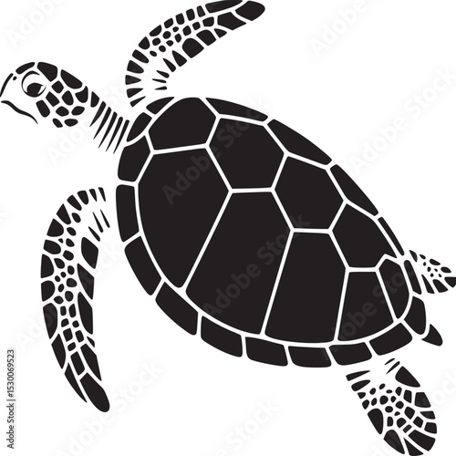A black and white graphic of a sea turtle swimming with a patterned shell and flippers on white background