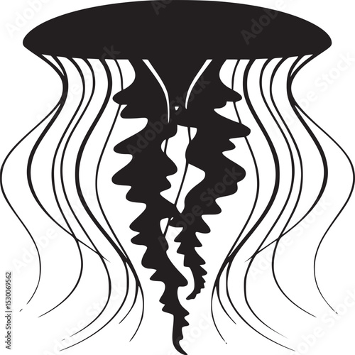 A black and white illustration of a jellyfish with long tentacles on a white background isolated