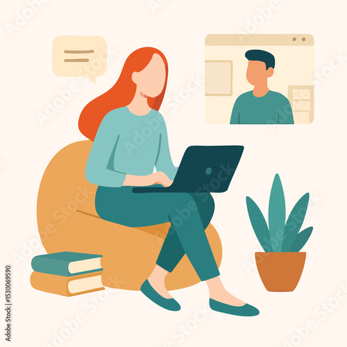 Flat Illustration Woman Working Remotely with Laptop Computer at Home