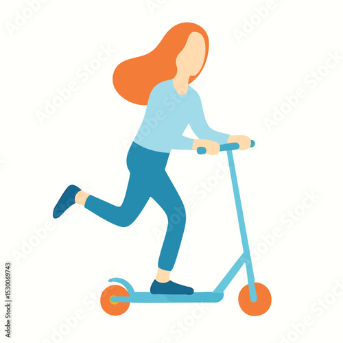 Flat Simple Style Girl Riding a Kick Scooter Illustration