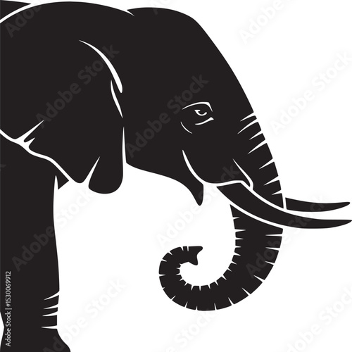 A stylized black and white illustration of an elephant head and part of its body on a white background