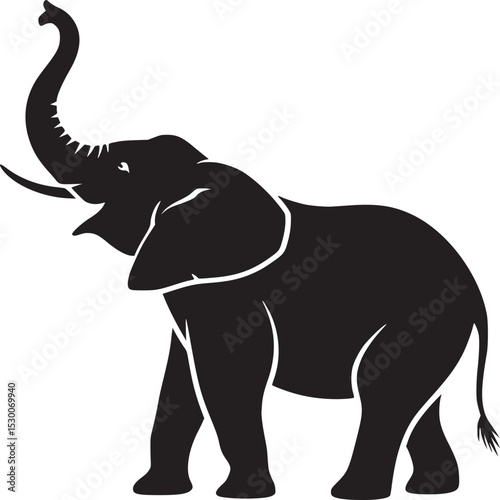 Silhouette of an elephant with its trunk raised in the air on a white background illustration