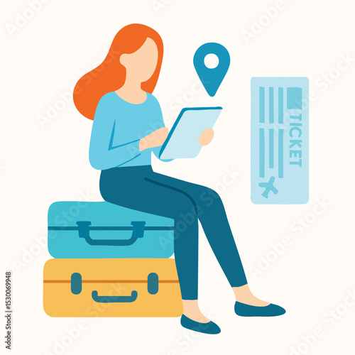Flat Illustration of a Woman Planning her Trip Sitting on Luggage