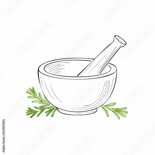 Vector illustration of Pestle for grinding herbs and spices. Hand drawn linear drawing of kitchen tool for culinary, apothecary, and herbal preparation designs.