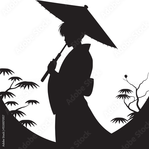 Silhouette of a person in kimono holding an umbrella with trees on a white background design style