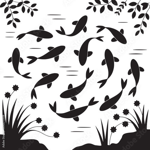 Silhouette illustration of koi fish swimming in a pond with plants and overhanging tree branches