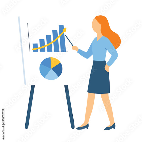 Flat Illustration Woman Presenting Growth Chart Data on Whiteboard, Business Presentation