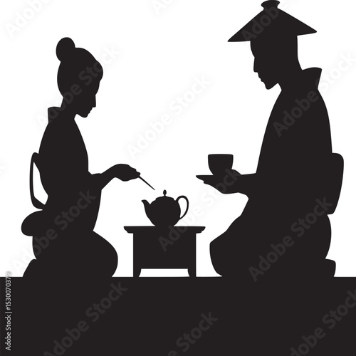 Silhouette of a woman preparing tea and a man holding a cup in a traditional japanese setting