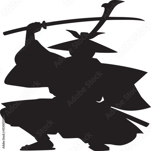 Silhouette of a samurai warrior in a fighting stance holding a sword above his head on a white background