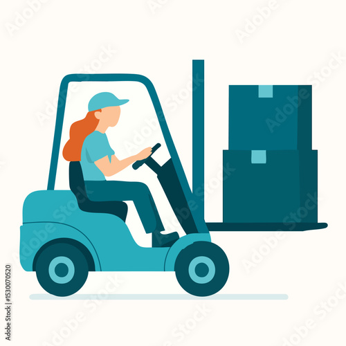 Cartoon Flat Style Female Worker Driving Forklift Carrying Boxes Illustration