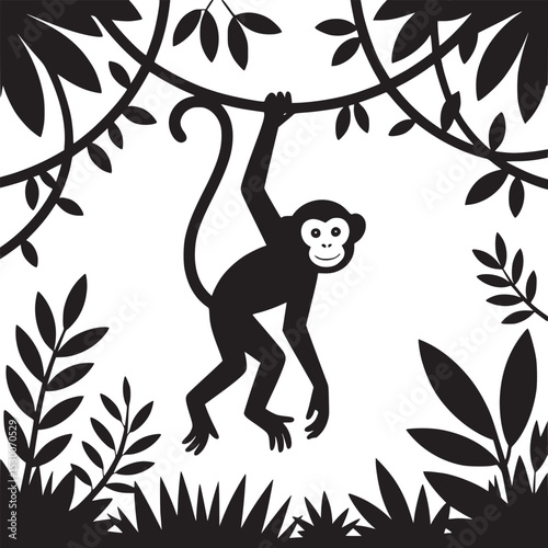 A black and white illustration of a monkey hanging from a vine in a jungle setting with leaves