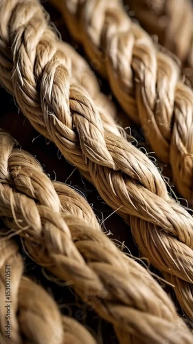Close-up of textured, thick, beige braided ropes in soft focus against a dark neutral background with strands