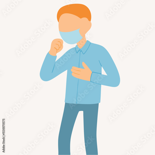 Flat Cartoon Sick Man Coughing with Medical Mask Character Illustration