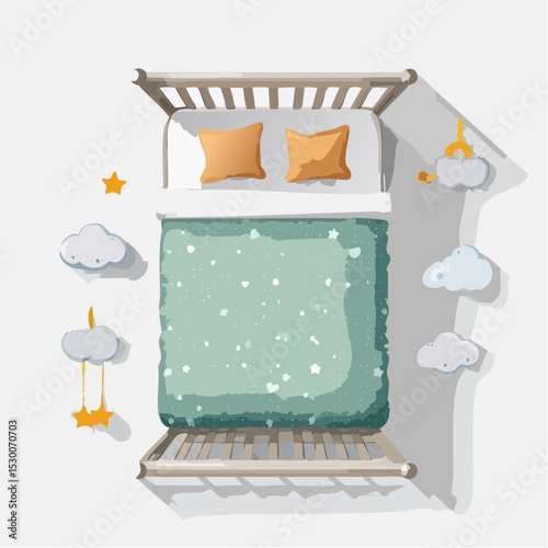 Top-down vector of a crib with mint and peach bedding patterned with animals, stars, and clouds.