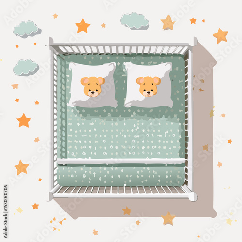 Top-down vector of a crib with mint and peach bedding patterned with animals, stars, and clouds.