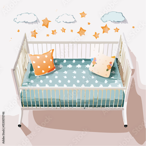 Top-view vector of a crib with soft bedding in a baby animal and cloud theme, mint and peach palette.