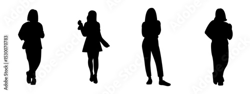 a set of Silhouettes of Women in Casual Fashion Poses, Black Silhouette Set of Female Figures in Streetwear Style