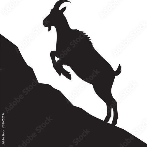 Silhouette of a goat leaping from a rocky cliff against a stark white background in a bold graphic style