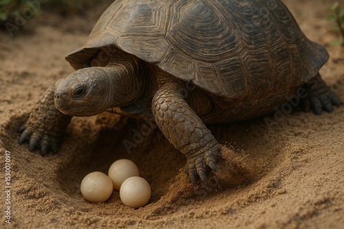 Large Galapagos tortoise burying eggs in the sand

