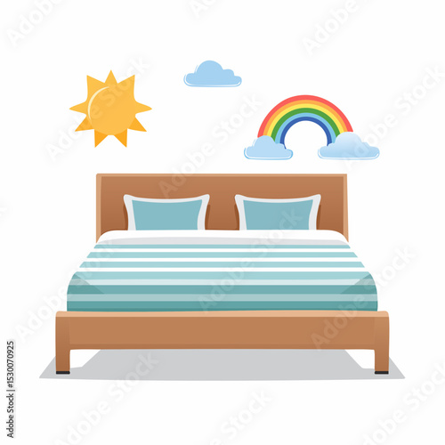 Vector of a single bed with teal and coral bedding featuring rainbows, clouds, and suns.