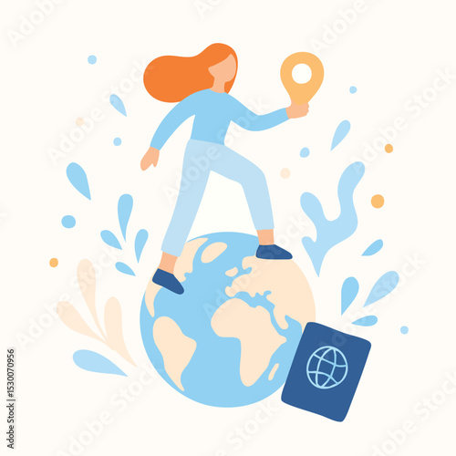 Flat Illustration Girl Standing on World with Passport and Location Pin