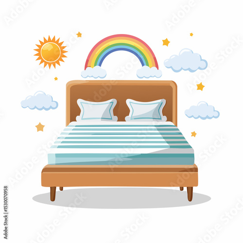 Vector of a single bed with teal and coral bedding featuring rainbows, clouds, and suns.