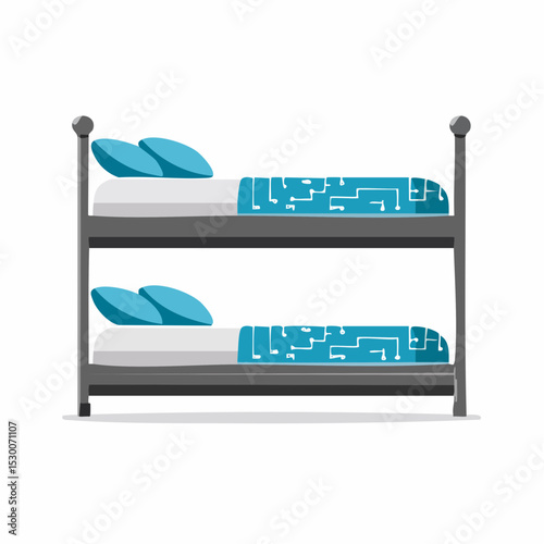 Side-view vector of bed bunks with black and blue bedding decorated in a tech-inspired pattern.