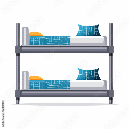 Side-view vector of bed bunks with black and blue bedding decorated in a tech-inspired pattern.