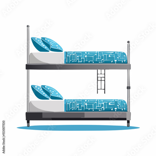 Side-view vector of bed bunks with black and blue bedding decorated in a tech-inspired pattern.