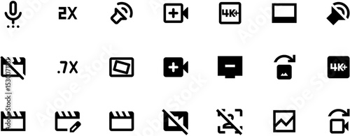 Black video editing icons set: camera lens, movie strip, color correction tools for post-production, flat design on white background, isolated elements, high resolution