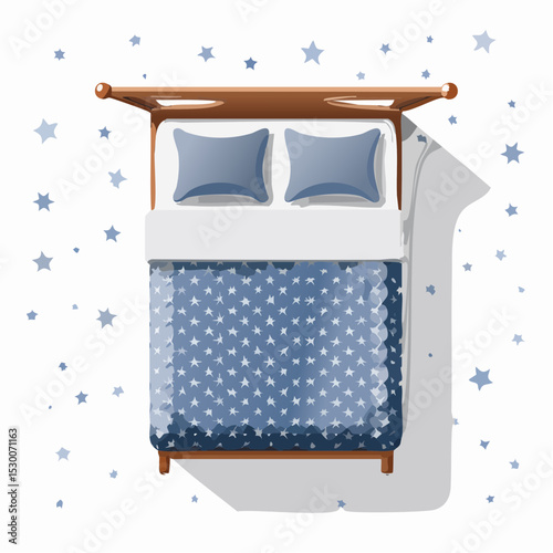 Top-view vector of a double bed with deep blue and silver bedding featuring a moon and star pattern.