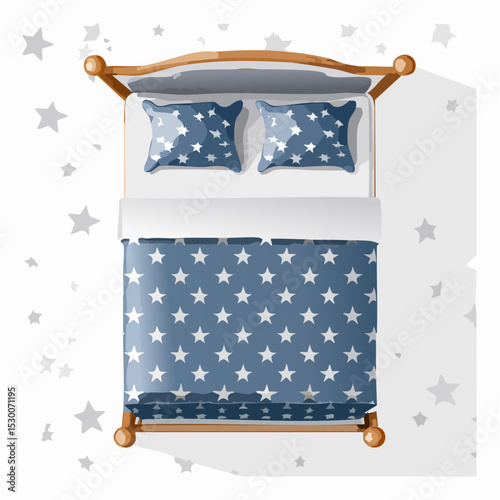 Top-view vector of a double bed with deep blue and silver bedding featuring a moon and star pattern.