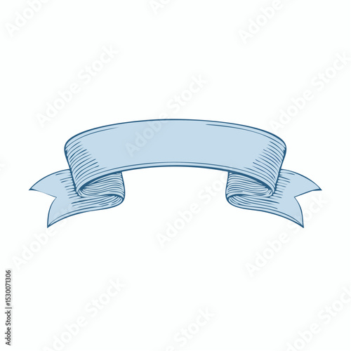 Hand drawn vector illustration of curled Ribbon. Linear pastel blue drawing for vintage designs, retro labels, invitations, and children celebration templates.