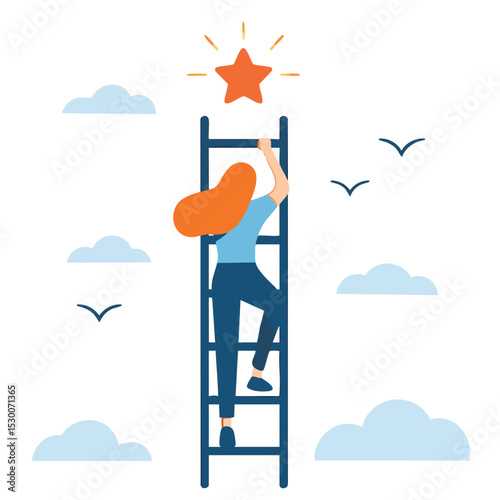 Flat Style Detailed Woman Climbing Ladder Reaching for a Shining Star Illustration