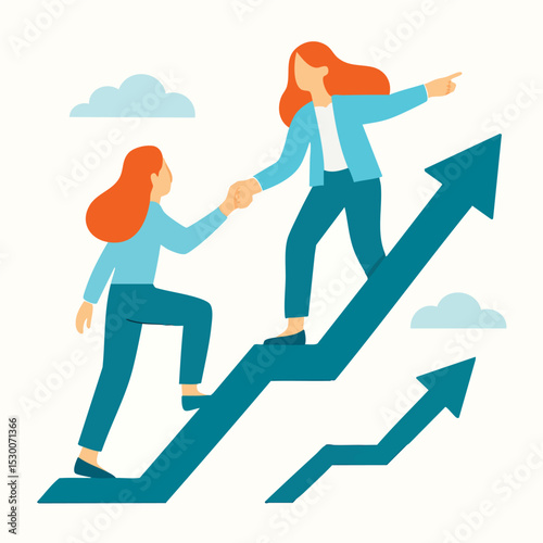 Flat Illustration of Two Businesswoman Climbing Arrow Chart to Success
