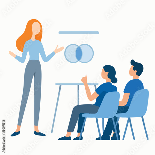 Modern Flat Design Female Presenter Showing Presentation to Audience Illustration