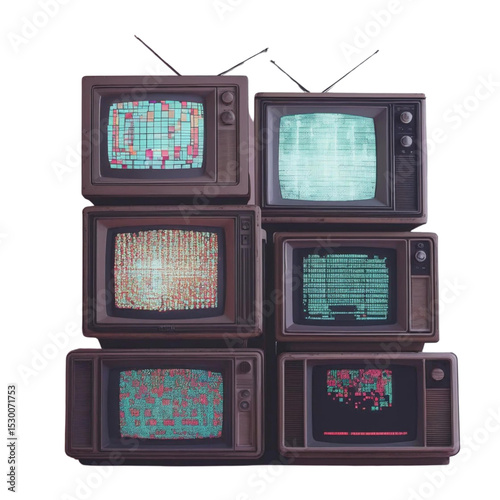 Vintage television sets stacked with digital glitch art and retro tech aesthetics for media concepts