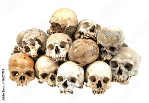 Archaeological discovery piled human skulls in a laboratory setting scientific study isolated on transparent background