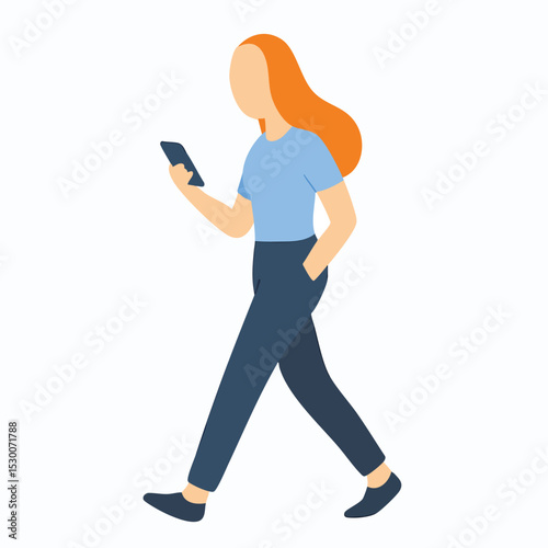 Flat Style Walking Woman Using Mobile Phone Character Illustration