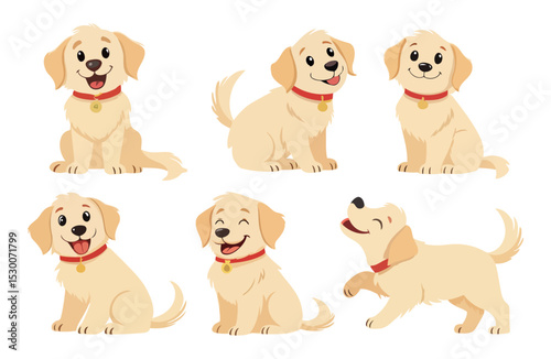 Cute and funny puppy character set featuring cheerful golden dogs with big eyes, wagging tails, and red collars