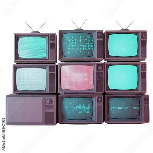 Vintage television sets stacked retro tv display antique television technology old televisions communication era 100