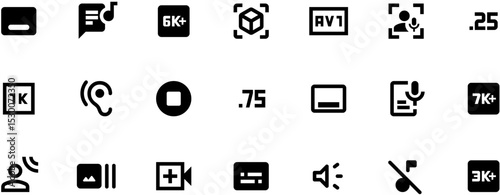 Minimalist black-and-white vector video player icons in brush-like SVG style, 20 thin high-res symbols on clean background.