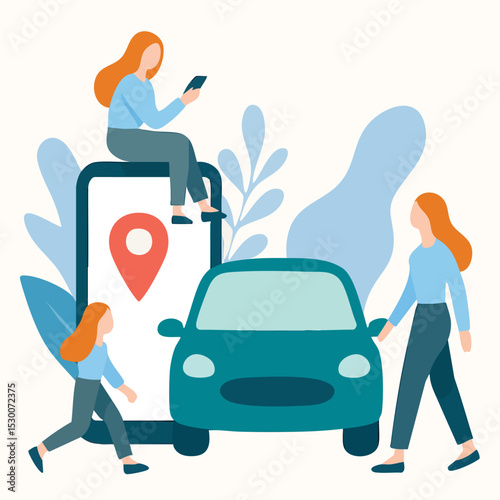 Flat Illustration People Using Ride Sharing App with Smart Phone
