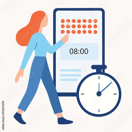 Modern Flat Style Illustration of Woman Schedule Application on Mobile Phone
