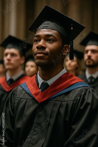 Confident graduate wearing academic cap and gown standing among classmates at commencement ceremony, symbolizing success, achievement, education, and new beginnings

